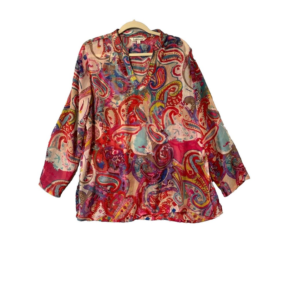 Travel Smith Shirt Womens‎ Large Multicolor Top Boho Whimsical Lightweight Sheer